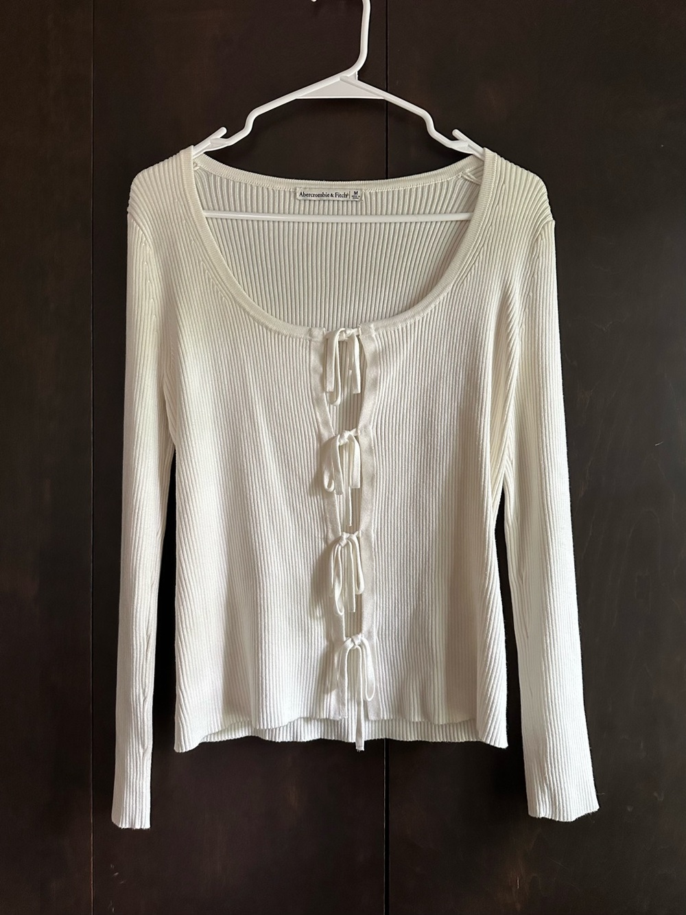 Abercrombie & Fitch Cream Ribbed Long Sleeve Tie-Front Top